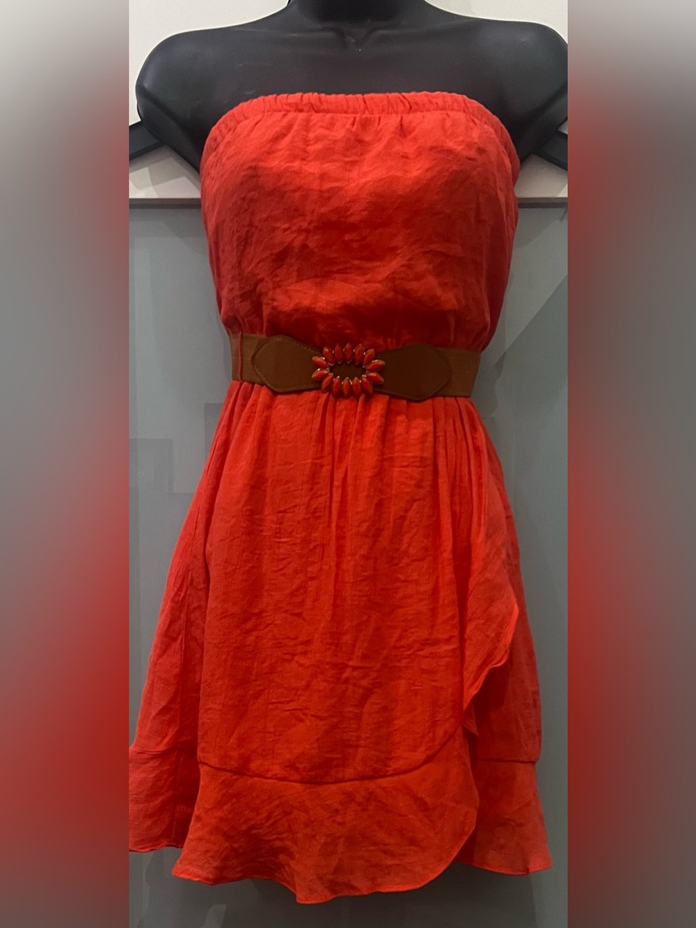 BCX Orange Sleeveless Mini Sundress with Decorative Brown Belt XS